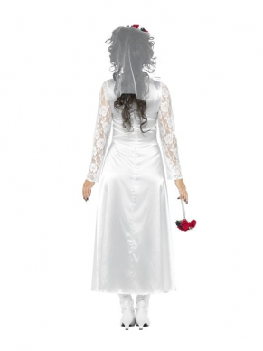 Day of the Dead Bride Kostuum, bestaande uit de witte jurk met boeket en haarband. Maak de look compleet met een bijpassende pruik en sieraden en je bent klaar voor jouw Halloween party.