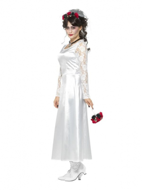 Day of the Dead Bride Kostuum, bestaande uit de witte jurk met boeket en haarband. Maak de look compleet met een bijpassende pruik en sieraden en je bent klaar voor jouw Halloween party.