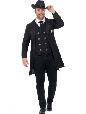  Curves Sheriff Kostuum, bestaande uit het zwarte jasje, gilet, stropdas en hoed. Combineer deze met een badge en pistool en je bent klaar voor het feestje.