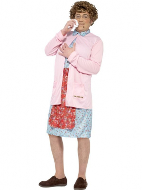 Bekend uit een jaren negentig film dit leuke Mrs Brown Padded Kostuum, bestaande uit de bauwe jurk met roze gebreid vestje, pruik, bril en zakdoek.