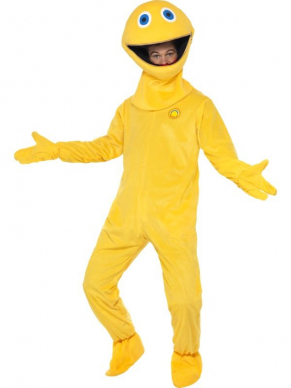 Bekend van het Britse kinderprogramma Rainbow, dit Rainbow Zippy Kostuum. Dit kostuum bestaat uit de gele bodysuit met muts en handschoenen.