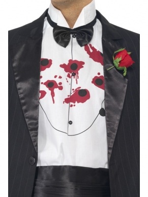 The Godfather Heren Verkleedkleding. Zeer compleet verkleedkleding met; zwart pak, shirt met kogelgaten en bloed, strikje en pruik. Geweldig kostuum. U bent in 1 keer klaar.