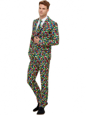 Rubik's Cube Kostuum, bestaande uit een Multi-Gekleurd jasje met broek en bijpassende stropdas, perfect voor een foute party. Wij verkopen nog meer Rubik Kostuums.