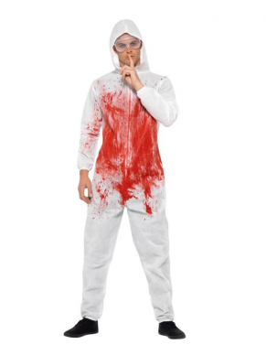 Bloody Forensic Overall Kostuum, bestaande uit de hooded bebloede jumpsuit met veiligheidsbril. Perfect voor een scary party tijdens Halloween.