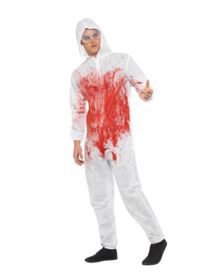 Bloody Forensic Overall Kostuum, bestaande uit de hooded bebloede jumpsuit met veiligheidsbril. Perfect voor een scary party tijdens Halloween.