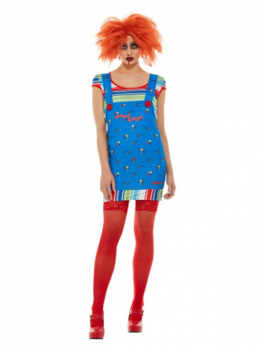 Bekend uit de gelijknamige horror film, dit enge Chucky Kostuum voor dames, bestaande uit de top met overall jurkje. De bijpassende accessoires zoals pruik, schmink, mes, nepbloed en kousen verkopen wij los. Ook verkrijgbaar voor heren en kinderen.