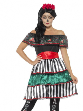 Day of the Dead Senorita Doll Kostuum, bestaande uit de multi-gekleurde jurk met riem en bijpassende hoofdband. Maak de look compleet met schmink, pruik, panty of een van onze andere accessoires.Bekijk hier onze gehele Day of the Dead Collectie.
