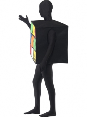 Rubiks kubus unisex verkleedkleding. Origineel kostuum van de Rubiks kubus. U draagt het Rubiks kubus kostuum over het bovenlijf met uw armen er aan de zijkant uit. Met het Rubiks kubus kostuum bent u zeker van een origineel kostuum! Maat: One size. Dit kostuum is alleen de kubus, niet het zwarte pak.