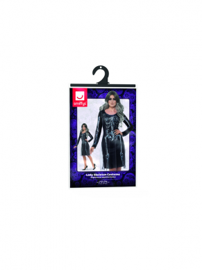 Lady Skeleton Kostuum, bestaande uit het zwarte jurkje me skelettenprint. Combineer de jurk met een bijpassende pruik en schmink en je bent klaar voor Halloween.