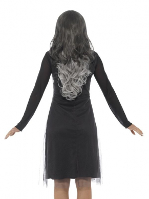 Lady Skeleton Kostuum, bestaande uit het zwarte jurkje me skelettenprint. Combineer de jurk met een bijpassende pruik en schmink en je bent klaar voor Halloween.