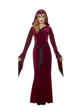 Medieval Vampiress Kostuum, bestaande uit de rode Hooded Jurk  met riem. Maak de look compleet met bijpassende accessoires zoals sieraden en pruik en je bent klaar voor Halloween. Bekijk hier onze gehele Vampire Collectie.