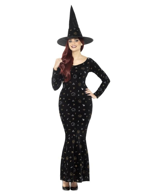 Deluxe Black Magic Ouija Witch Kostuum, bestaande uit de zwarte velourse jurk met bijpassende hoed. Maak de look compleet met bijpassende accessoires en je bent klaar voor Halloween of Themafeestje. Bekijk hier onze gehele Heksen Collectie.