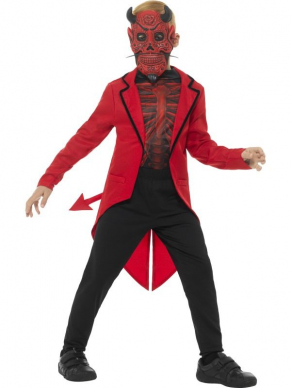 Deluxe Day of the Dead Devil Kostuum voor kinderen, bestaande uit het jasje met top en EVA masker. Combineer dit setje op een zwarte broek en je bent klaar voor Halloween.