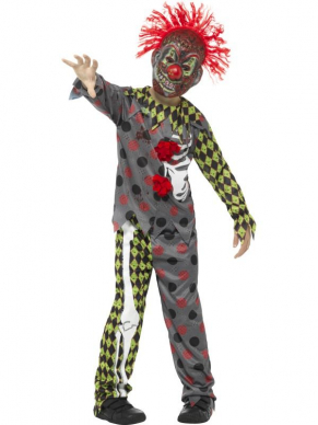 Deluxe Twisted Clown Kostuum voor kinderen, bestaande uit de multi-gekleurde top en broek met EVA masker met haar.