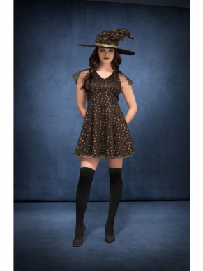 Fever Moon & Stars Witch Kostuum voor Dames, bestaande uit de zwart/gouden jurk met hoed. Maak de look compleet met bijpassende accessoires en je bent klaar voor Halloween of Themafeestje.