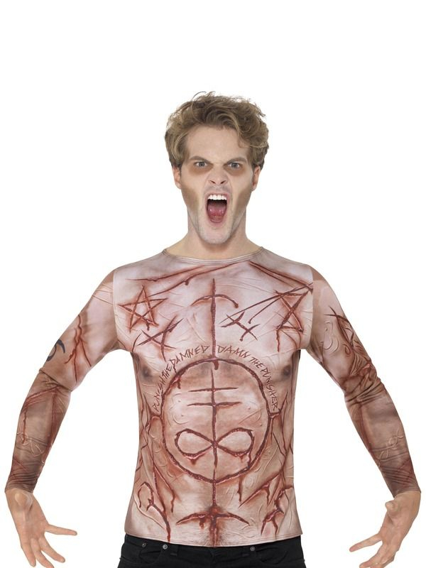 Jaag iedereen de stuipen op het lijf met dit verminkte lichaam t-shirt. Leuk voor Halloween of een Horror feestje.