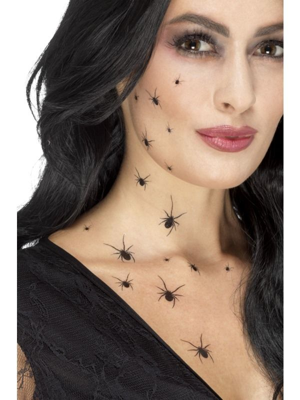 Maak jouw Halloween Look compleet met deze geweldige Make-Up FX, Crawling Spider Transfers,  2 velletjes met op elk velletje 16 spinnen.