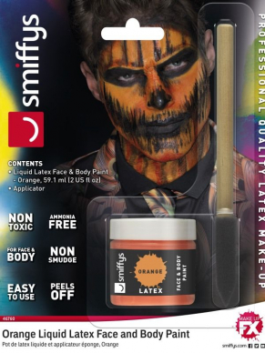 Maak je look compleet met deze zwart/oranje Make-Up FX,  Liquid Latex Kit, met Pot & Sponge Applicator, Ammonia Free, 59.14ml.