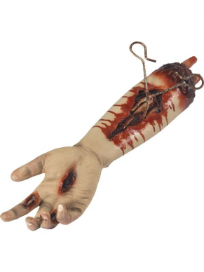 Animated Gory Severed Arm Prop, Natural, Pulsating, Metal Clamp & Twitching Finger, 45cm ter decoratie op jouw Halloween/Horror Party. Bekijk hier onze gehele Collectie Decoratie.