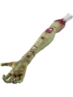 Deze Groene Latex Zombie Rotting Flesh Arm Prop ter decoratie op jouw Halloween Party. 58x15x8cm. Bekijk hier nog meer ranzige Halloween Decoratie.