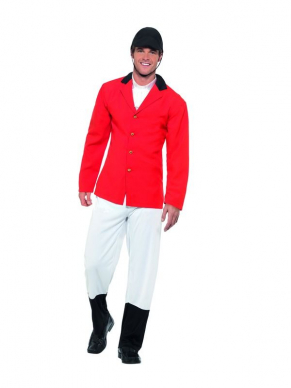 The Huntsman Kostuum, bestaande uit het rode jasje, broek met aangehechte bootcovers, hoed en das. Met dit kostuum ben je in één keer klaar voor Carnaval of ander geweldig feestje.
