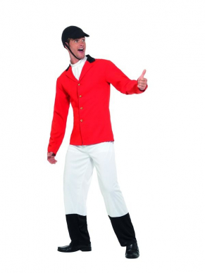 The Huntsman Kostuum, bestaande uit het rode jasje, broek met aangehechte bootcovers, hoed en das. Met dit kostuum ben je in één keer klaar voor Carnaval of ander geweldig feestje.