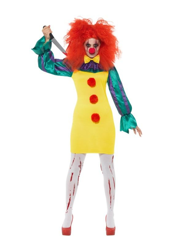 Classic Horror Clown Lady Kostuum, bestaande uit het Multi-Gekleurde jurkje met nekkraag en neus. Maak de look compleet met een panty, bijpassende pruik, schmink en bebloed mes en je bent klaar voor Halloween. Wij verkopen ook het heren kostuum.