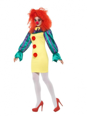 Classic Horror Clown Lady Kostuum, bestaande uit het Multi-Gekleurde jurkje met nekkraag en neus. Maak de look compleet met een panty, bijpassende pruik, schmink en bebloed mes en je bent klaar voor Halloween. Wij verkopen ook het heren kostuum.