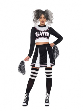 Fever Gothic Cheerleader Kostuum, bestaande uit de top met rokje en pom poms. Maak de look af met de bijpassende pruik, kousen en schmink en ontvang leuke kortingen.