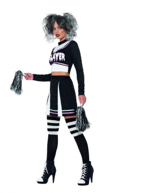 Fever Gothic Cheerleader Kostuum, bestaande uit de top met rokje en pom poms. Maak de look af met de bijpassende pruik, kousen en schmink en ontvang leuke kortingen.
