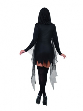 Fever Sexy Reaper Kostuum, bestaande uit het sexy zwarte jurkje. Maak de look af van bijpassende handschoenen en kousen en je bent klaar voor jouw Halloween/Horror feestje.