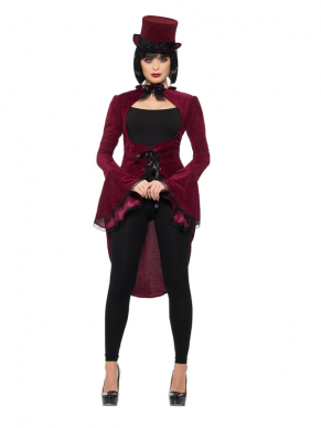 Lady Vampire Velour Jacket in de kleur Burgundy Rood. Maak de look compleet met onze bijpassende Hoed, pruik, tanden en stok en je bent klaar voor jouw Party.