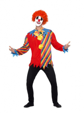 Verander in een handomdraai in een Creepy Clown met deze Creepy Clown Kit, bestaande uit de Multi-Gekleurde Top met strik en masker. 