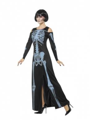 X-Ray Skeleton Kostuum, bestaande uit de zwarte jurk met skeletten print. Maak de look compleet met bijpassende accessoires. Bekijk hier onze gehele Skeletten Collectie.
