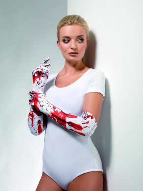Lange Witte handschoenen met bloedspatters om jouw look compleet te maken.