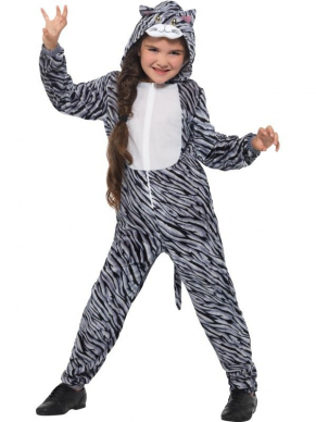 Tabby Cat Kostuum voor kinderen, bestaande uit de hooded jumpsuit. Leuk voor Carnaval of gewoon voor in de verkleedkist.  Bekijk hier onze gehele Dieren Collectie.