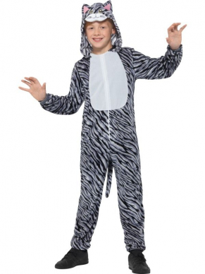 Tabby Cat Kostuum voor kinderen, bestaande uit de hooded jumpsuit. Leuk voor Carnaval of gewoon voor in de verkleedkist.  Bekijk hier onze gehele Dieren Collectie.