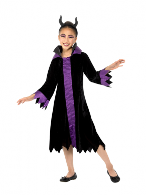  Evil Queen Kostuum voor kinderen, bestaande uit de zwart/paarse jurk met haarband. leuk voor Halloween.