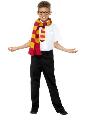 Verander in een handomdraai in een Schooljongen met deze Schoolboy Kit, bestaande uit de sjaal, stropdas en bril.