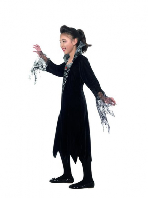 Spider Vampire Kostuum voor kinderen, bestaande uit de zwart/zilveren jurk met aanghechte opstaande kraag voorzien van spinnenwebbenprint.
