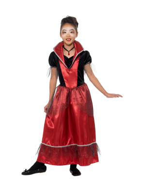 Vampire Princess Kostuum voor kinderen, bestaande uit de rood/zwarte jurk met aangehechte kraag. Bekijk hier onze gehele Halloween Collectie voor Kinderen.
