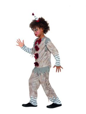 Vintage Clown Boy Kostuum, bestaande uit de top met broek en haarband. Maak de look compleet met wat schmink en je bent klaar voor Halloween.