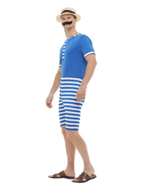 20s Bathing Suit Kostuum, bestaande uit de blauw/witte jumpsuit met hoed en snor. Maak de look compleet met een van onze inflatables.
