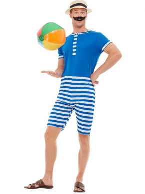 20s Bathing Suit Kostuum, bestaande uit de blauw/witte jumpsuit met hoed en snor. Maak de look compleet met een van onze inflatables.