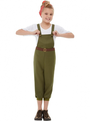 WW2 Little Land Girl Kostuum voor kinderen, bestaande uit het groene tuinpak met top en Sjaaltje voor in het haar. 