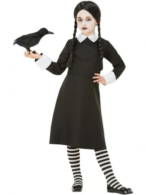 Gothic School Girl Kostuum voor meiden, bestaande uit de zwarte jurk met pruik. De kraai  en panty verkopen wij los.