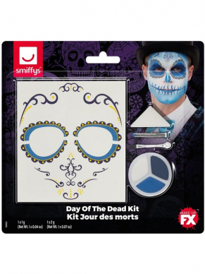 Maak jouw Day of the Dead Look compleet met deze Make-Up FX, Day Of The Dead Kit, bestaande uit de blauw/witte facepaint op waterbasis, stickers, krijt, spons en applicator.