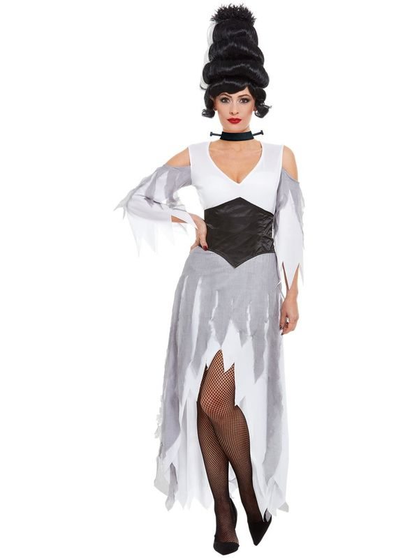 Gothic Bride Kostuum, bestaande uit de jurk met corset en choker. Maak de look compleet met de bijpassende pruik, panty/hold-up kousen en een bruidsboeket en ontvang leuke kortingen voor Halloween.