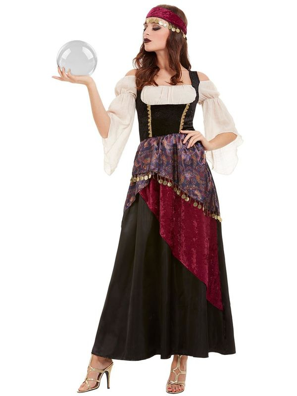 Deluxe Fortune Teller Kostuum, bestaande uit de prachtige jurk met hoofddoek. Maak de look compleet met een bijpassende pruik, panty, wimpers en schmink en je bent klaar voor Halloween of elk ander Themafeestje.