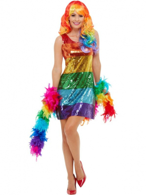 Shine tijdens de Gay Pride met dit geweldige  All That Glitters Rainbow Kostuum, bestaande uit het jurkje met all-over lovertjes in de kleuren van de regenboog. Wil je nog meer uitpakken tijdens de Gay Pride kies dan een van onze te gekke Rainbow accessoires zoals pruiken, boa, schmink, strikje, sieraden, vleugels etc,